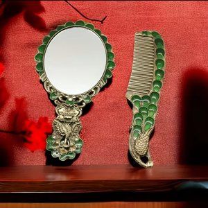 Vintage Mirror Comb Set, Peacock Embossed Vanity Makeup Mirror Travel Portable